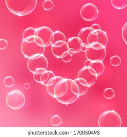 Pink Valentines background with soap bubbles in the form of Hearts, illustration. 