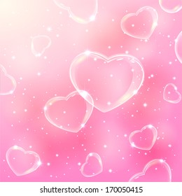 Pink valentines background with stars and soap bubbles in the form of Hearts, illustration. 