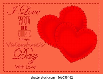 pink valentine's card with two red textile hearts