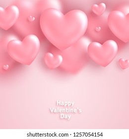 Pink Valentine's Day background, 3d hearts on bright backdrop. Vector illustration. Cute love banner or greeting card. Place for text