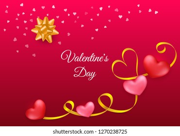 Pink Valentine's Day background with 3d red hearts. Cute love greeting card with golden ribbon, realistic gift bow and confetti. Template design for banners, posters, invitation. Place for text