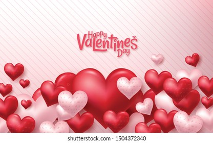 Pink Valentine's Day background with 3d hearts on red. Vector illustration