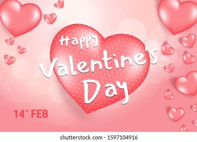 Pink Valentine's Day background with 3d hearts on red. Vector illustration. Cute love banner or greeting card