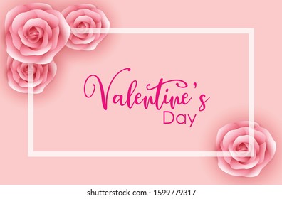 Pink Valentine's Day background with 3d flower pink. Background with realistic pink rose petal and white frame on a pink background. Vector illustration