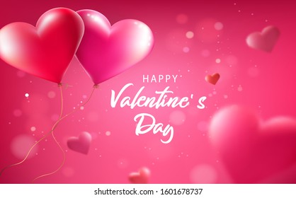 Pink Valentine's Day background with 3d hearts on red. Vector illustration. Cute love banner or greeting card. Place for text