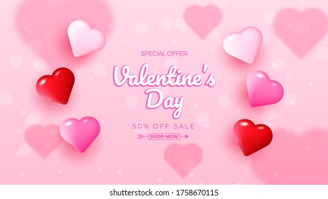 Pink Valentine's Day background with 3d hearts on red. Vector illustration. Cute love valentine banner or greeting card. Place for your text