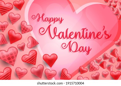 Pink Valentine's Day background with 3d hearts on red and white. Vector illustration. Cute love banner or greeting card.