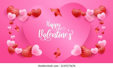 Antecedentes rosados del Día de San Valentín con corazones 3d. Ilustración vectorial. Cartel de amor o tarjeta de saludo. 