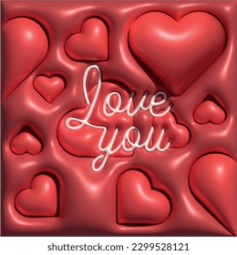 Pink Valentine's Day background with 3d hearts on red. Vector illustration. Cute love banner or greeting card. Place for text, Valentine's day concept background, 3d red love background