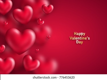 Pink Valentine's Day background with 3d hearts on red. Vector illustration. Cute love banner or greeting card. Place for text
