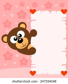 Pink Valentine's day background card with bear