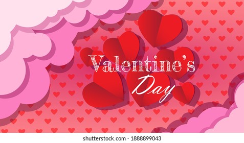 Pink Valentine's Day background with red paper cut hearts. Vector illustration. Cute love banner or greeting card. Place for text