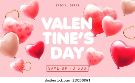 Pink Valentine's Day banner with 3d balloon hearts and gold hearts on pink background. Vector illustration. Cute love valentine banner or greeting card. Place for your text