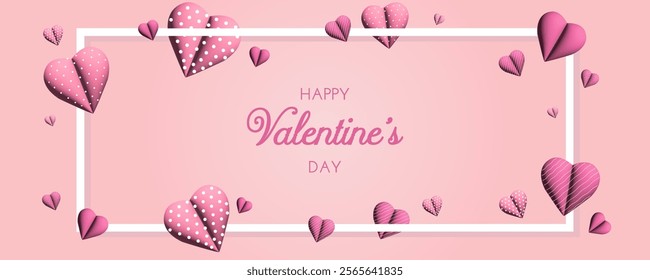 Pink Valentine's Day banner with 3D hearts and white frame. 14 February romantic design. Vector illustration