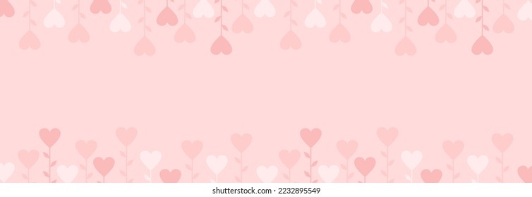 Pink Valentine's day banner with a frame of hearts on stems with leaves. Flat vector illustration