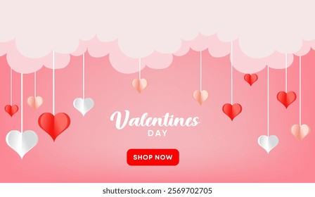 Pink Valentines Day Banner Hearts, Clouds, Shop Now