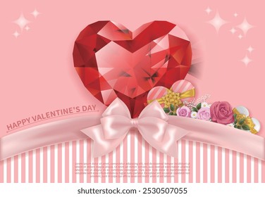 Tarjeta rosada del día de San Valentín, Anuncio con la joyería roja del corazón, rosas, regalo y arco