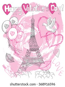 Pink Valentine's Day card with the Eiffel Tower, hearts and dove.  Line art doodle illustration with hand drawn elements. Love and holiday theme