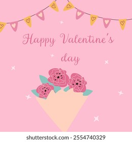 Pink valentine's day card with flower bouquet and heart garland.