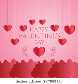 Pink Valentine's Day card with hanging red hearts, floral decorations, and "Happy Valentine's Day" text in the center.