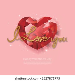 Pink Valentine's Day card with red heart jewelry and gold I LOVE YOU