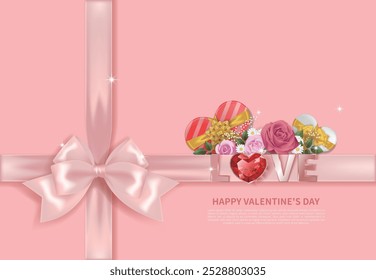 Tarjeta rosada del día de San Valentín con la joyería roja del corazón y el arco rosado, letras del AMOR, rosas, regalos