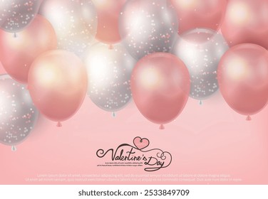 Tarjeta rosada del día de San Valentín con los globos rosados y blancos