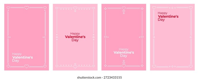 Pink Valentines Day frames with hearts and text. Romantic border background for social media story design. Love celebration graphic.