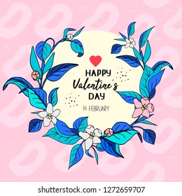 Pink Valentine's day greeting card with floral wreath.