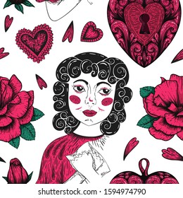 Pink valentines day heart angel in vintage etching handdrawn tatoo style on white background. Cartoon, vector illustration. Valentines day banner. Valentines day background.