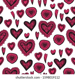 Pink valentines day heart in vintage etching handdrawn tatoo style on white background. Cartoon, vector illustration. Valentines day banner. Valentines day background.