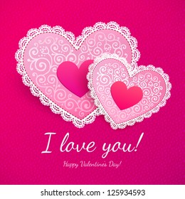 Pink Valentine's day lacy hearts vector greeting card with sign "I love you!"