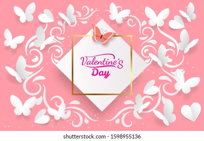 The pink valentine's day message is in a white square label with a golden border, with a floral background and a group of butterflies and hearts in a white paper