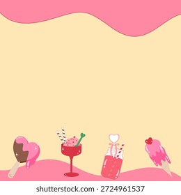 Pink Valentine's Day Note Paper Template with Ice Cream and Sweet Drink