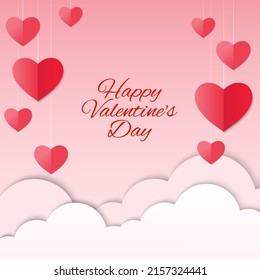 Pink Valentine's Day Paper art illustration of red hearts on Cloud background, love greeting card, origami concept, vector art