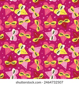 pink Valentines Day pattern with ugly funky hearts. Groovy cute love characters pattern