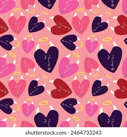 pink Valentines Day pattern with ugly funky hearts. Groovy cute love characters pattern