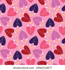 pink Valentines Day pattern with ugly funky hearts. Groovy cute love characters pattern