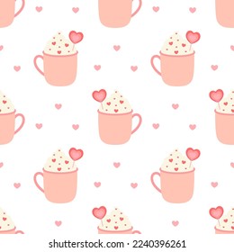 pink valentines day romantic seamless pattern with cute cups and hearts, vector illustration of coffee, cocoa and more on white background