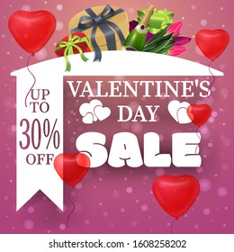 Pink Valentine's Day sale banner with a bottle of champagne, a bouquet of flowers, gifts and balloons.