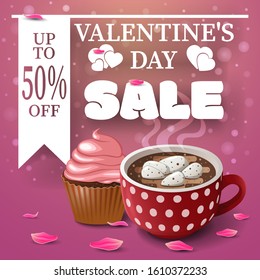 Pink Valentine's Day sale banner with a cupcake and a Cup of cocoa.