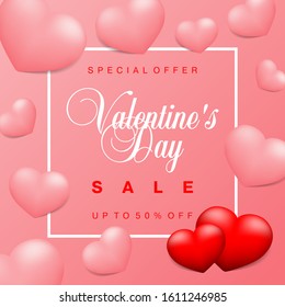 Oferta especial de venta del Día de San Valentín Rosado, descuento, banner vector cuadrado de campaña publicitaria, volante, afiche, vale, plantilla de publicación de medios sociales con un par de corazones rojos y corazones rosados
