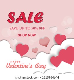 Pink Valentine's Day sales card background with clouds