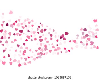 Pink Valentine's day scatter of doodle hearts banner or card template. Flying heart confetti airy curve waves vector pattern. Holiday decoration with tenderness symbols confetti flying, love vector.