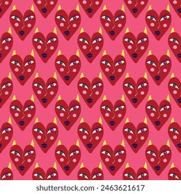 Pink Valentine's Day seamless pattern with devilish hearts. A pattern of devilish love hearts.