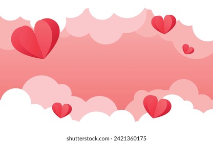 Pink Valentine's Day white soft clouds and red hearts background for card