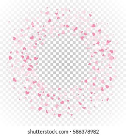 Pink Valentines hearts pattern wreath on transparent background. Colorful Background with Heart Confetti. Greeting card or wedding invitation background .Cartoon flat style vector illustration
