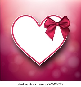 Pink valentine's paper card with white heart and satin bow. Vector illustration.