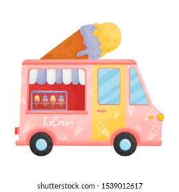 Pink van with ice cream. Vector illustration on a white background.