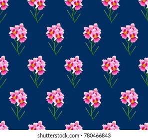 Pink Vanda Miss Joaquim Orchid on Indigo Blue Background. Singapore National Flower. Vector Illustration.